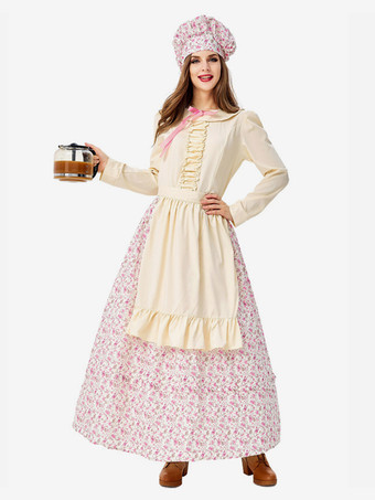 ピンクハロウィン ハロウィンコスチューム ピンク レディース エレガント エプロン 帽子 ポリエステル 花柄プリント セット ホリデーコスチューム