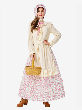 ハロウィン ハロウィンコスチューム ピンク レディース エレガント エプロン 帽子 ポリエステル 花柄プリント セット ホリデーコスチューム