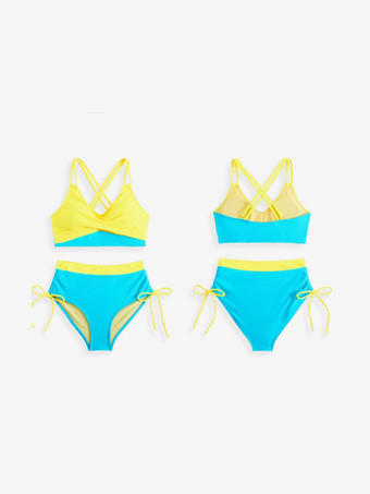 コントラストカラーのドローストリングツーピース水着 夏のビーチ用 2025