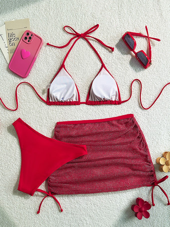 2025年夏向けシンプルビキニとシースルーミニカバーアップスカートの3点水着セット