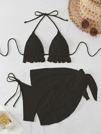 2025年夏向けフリルビキニとレースカバーアップミニスカートの3点水着セット