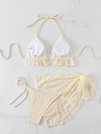 2025年夏向けフリルビキニとレースカバーアップミニスカートの3点水着セット