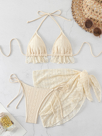 2025年夏向けフリルビキニとレースカバーアップミニスカートの3点水着セット