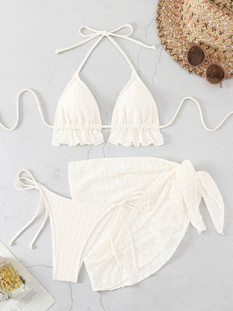 2025年夏向けフリルビキニとレースカバーアップミニスカートの3点水着セット