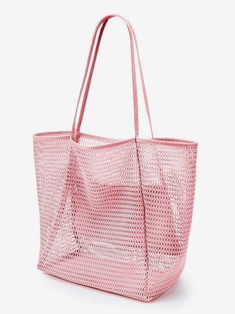 ピンクビーチメッシュトートバッグ 折りたたみショルダートラベルバッグ 2025