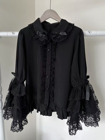 ブラック ロココ風ロリータブラウス リボン フリル 長袖ブラウス ロリータトップ レース ブラック ロリータシャツ