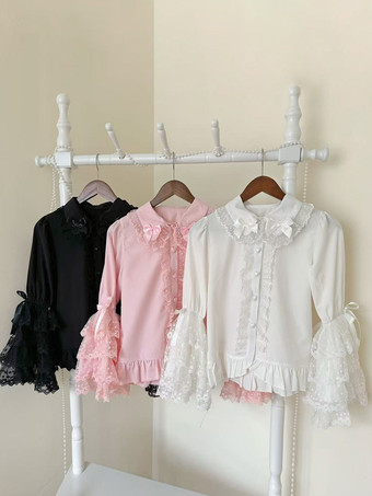 ロココ風ロリータブラウス リボン フリル 長袖ブラウス ロリータトップ レース ブラック ロリータシャツ