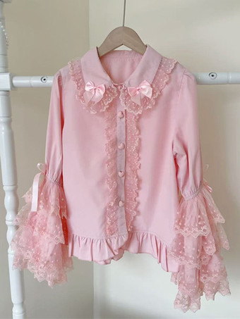 ピンクロココ風ロリータブラウス リボン フリル 長袖ブラウス ロリータトップ レース ブラック ロリータシャツ