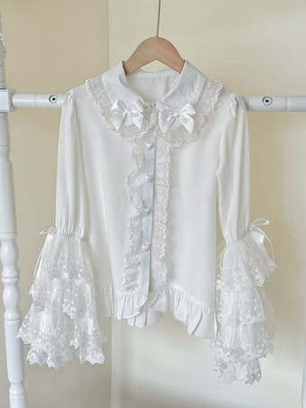 ホワイト ロココ風ロリータブラウス リボン フリル 長袖ブラウス ロリータトップ レース ブラック ロリータシャツ