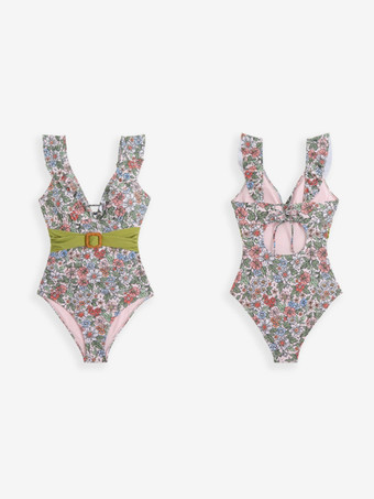 2025年夏向け花柄ベルト付きVネックワンピース水着