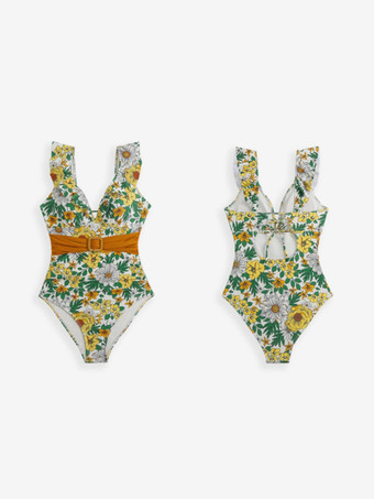 2025年夏向け花柄ベルト付きVネックワンピース水着