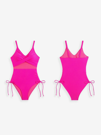 2025年夏用、シースルーウエストVネック無地ドローストリングワンピース水着