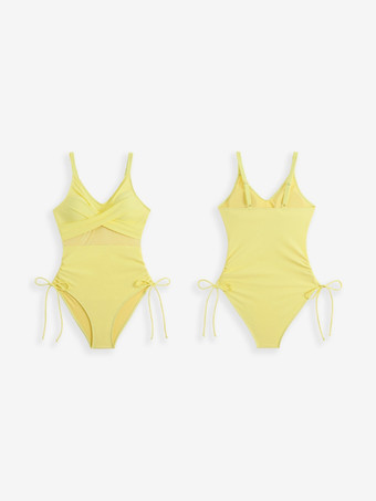 2025年夏用、シースルーウエストVネック無地ドローストリングワンピース水着