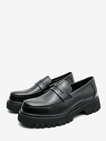 ブラック メンズ ペニーローファー レザー ノンスリップ プラットフォーム チャンキー スリッポン ペニーシューズ ラウンドトゥ ラグソール カジュアル フォーマルシューズ