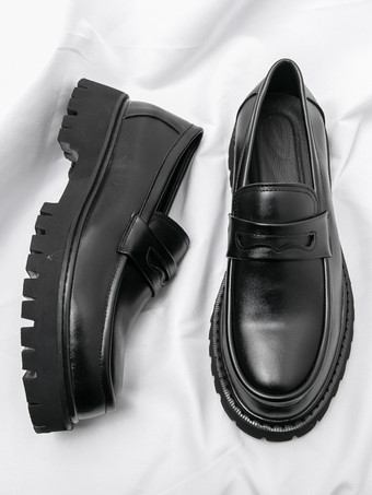 メンズ ペニーローファー レザー ノンスリップ プラットフォーム チャンキー スリッポン ペニーシューズ ラウンドトゥ ラグソール カジュアル フォーマルシューズ