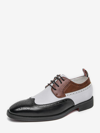 ブラウンメンズドレスシューズ ラウンドトゥ ローヒール コントラストカラー ダービーシューズ