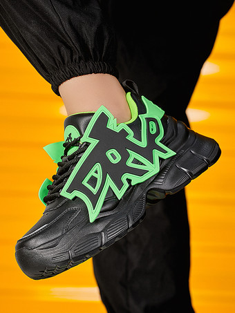 グリーン メンズ スニーカー グラフィティプリント 滑り止め プラットフォーム チャンキー ランニングシューズ