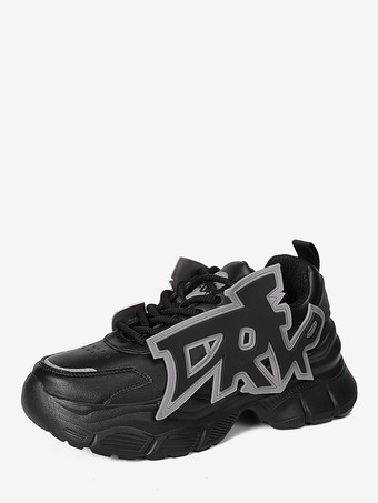 ブラック メンズ スニーカー グラフィティプリント 滑り止め プラットフォーム チャンキー ランニングシューズ