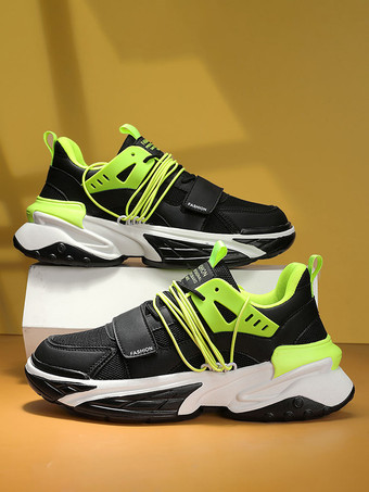 グリーン メンズスニーカー 通気性プラットフォーム チャンキースリッポン カジュアル レースアップ ランニングシューズ