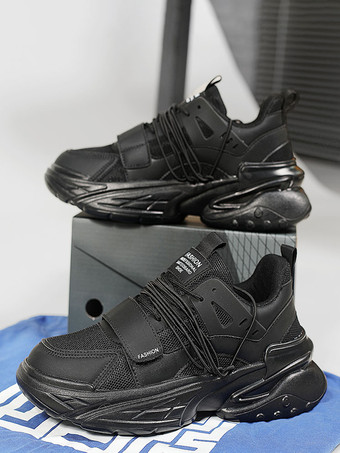 ブラック メンズスニーカー 通気性プラットフォーム チャンキースリッポン カジュアル レースアップ ランニングシューズ