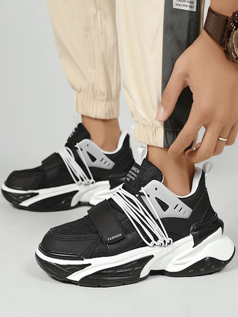 ホワイト＋ブラックメンズスニーカー 通気性プラットフォーム チャンキースリッポン カジュアル レースアップ ランニングシューズ