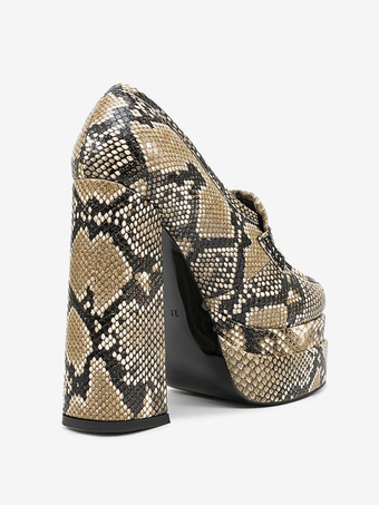 ハイヒールローファー スネーク柄 プラットフォーム ラウンドトゥ チャンキーヒール パンプス