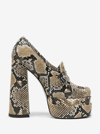 ハイヒールローファー スネーク柄 プラットフォーム ラウンドトゥ チャンキーヒール パンプス
