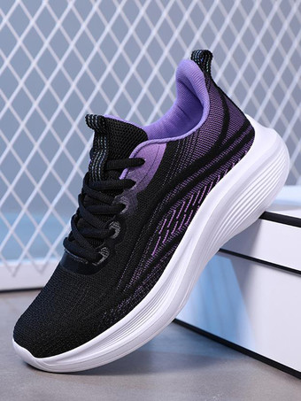 ブラック 女性用スポーツシューズ ラウンドトゥ レースアップ 快適スニーカー