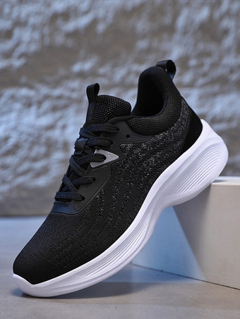 ブラック レディースランニングシューズ ラウンドトゥ レースアップ スポーツシューズ