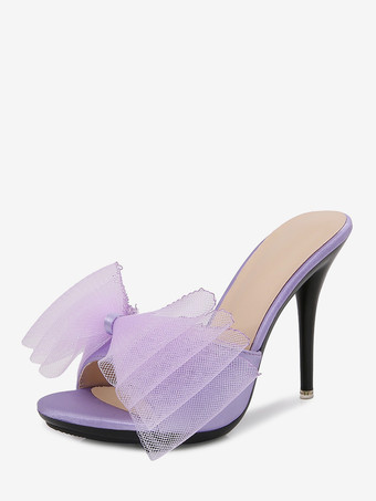 ライラックカラーハイヒールミュール ホワイト オープントゥ ボウ バックレス パンプス レディース