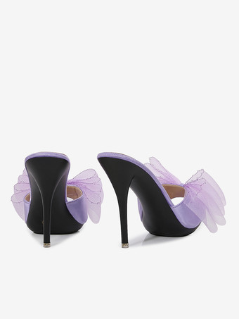 ハイヒールミュール ホワイト オープントゥ ボウ バックレス パンプス レディース