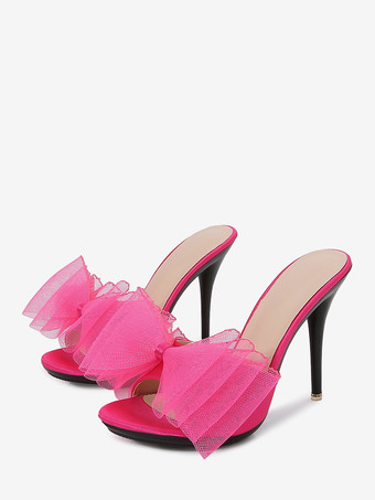 ローズレッドハイヒールミュール ホワイト オープントゥ ボウ バックレス パンプス レディース