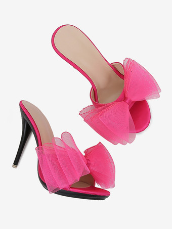 ハイヒールミュール ホワイト オープントゥ ボウ バックレス パンプス レディース