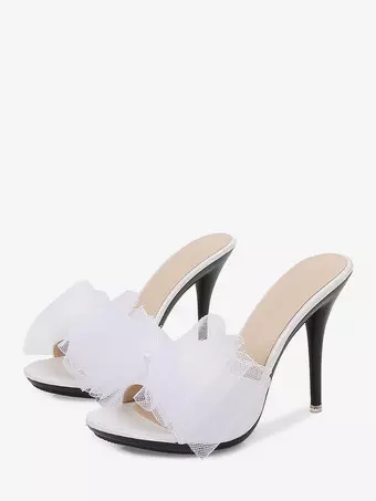 High Heel Pantoletten Weiß Offene Zehenpartie Schleife Rückenfreie