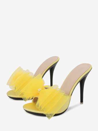 イエローハイヒールミュール ホワイト オープントゥ ボウ バックレス パンプス レディース