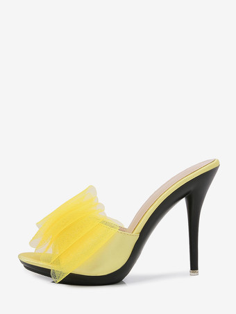 ハイヒールミュール ホワイト オープントゥ ボウ バックレス パンプス レディース