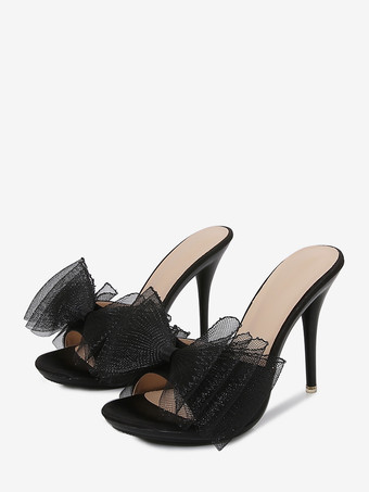 ブラック ハイヒールミュール ホワイト オープントゥ ボウ バックレス パンプス レディース