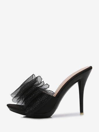 ハイヒールミュール ホワイト オープントゥ ボウ バックレス パンプス レディース