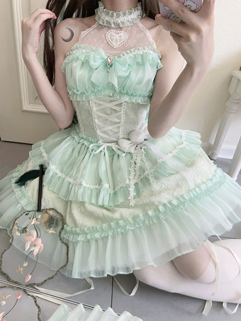   パステルゴシックロリータドレス フリル レースアップ ピンク ホワイト ロマンス姫ロリータドレス