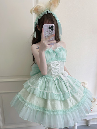 グリーン   パステルゴシックロリータドレス フリル レースアップ ピンク ホワイト ロマンス姫ロリータドレス