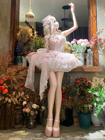   パステルゴシックロリータドレス フリル レースアップ ピンク ホワイト ロマンス姫ロリータドレス