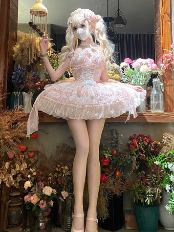 ピンク  パステルゴシックロリータドレス フリル レースアップ ピンク ホワイト ロマンス姫ロリータドレス
