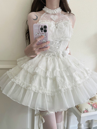   パステルゴシックロリータドレス フリル レースアップ ピンク ホワイト ロマンス姫ロリータドレス