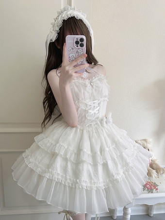 ホワイト   パステルゴシックロリータドレス フリル レースアップ ピンク ホワイト ロマンス姫ロリータドレス