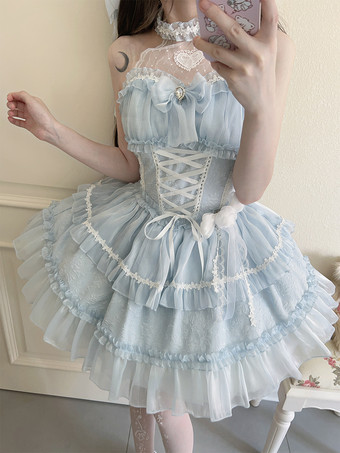   パステルゴシックロリータドレス フリル レースアップ ピンク ホワイト ロマンス姫ロリータドレス