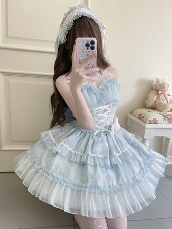 ライトスカイブルー  パステルゴシックロリータドレス フリル レースアップ ピンク ホワイト ロマンス姫ロリータドレス