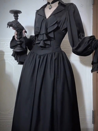   ゴシックロリータ衣装 ブラック フリル 長袖 トップ スカート ポリエステル ゴシック ヴィンテージ パーティーセット