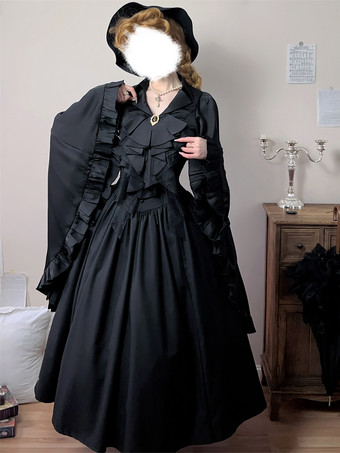   ゴシックロリータ衣装 ブラック フリル 長袖 トップ スカート ポリエステル ゴシック ヴィンテージ パーティーセット