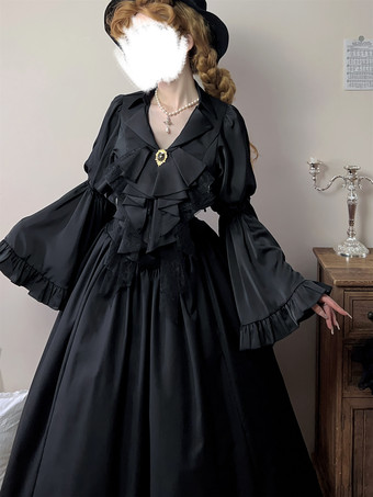   ゴシックロリータ衣装 ブラック フリル 長袖 トップ スカート ポリエステル ゴシック ヴィンテージ パーティーセット