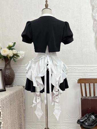 パステルゴシックロリータ衣装 ブラックフリル 半袖ブラウス オーバーコート スカートセット ロマンスゴシック